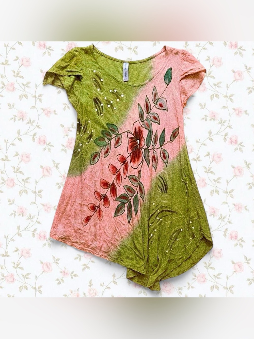 Floral Scoop-Neck Tunic Top in Pink & Olive